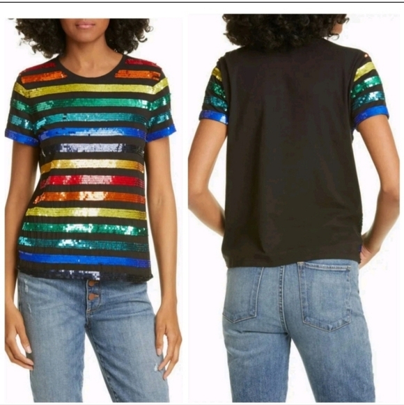Alice + Olivia Rylyn Sequin Rainbow Stripe Tee size XS - Picture 2 of 12